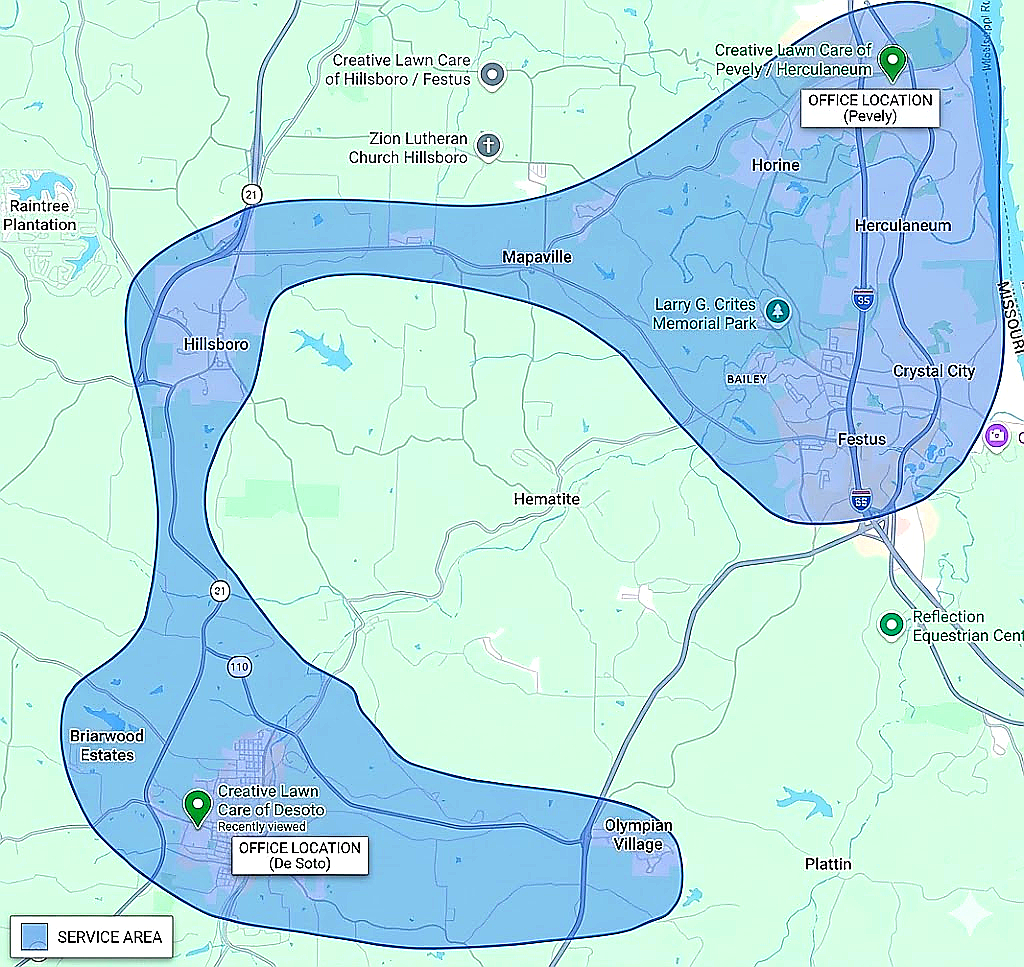 Creative Lawn Care service area map showing coverage in Jefferson County Missouri including Hillsboro, Desoto, Pevely, Festus, and Herculaneum